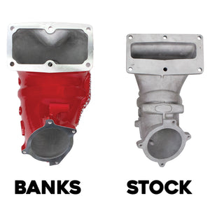 Banks vs stock RAM intake elbows showing the massive outlet size difference