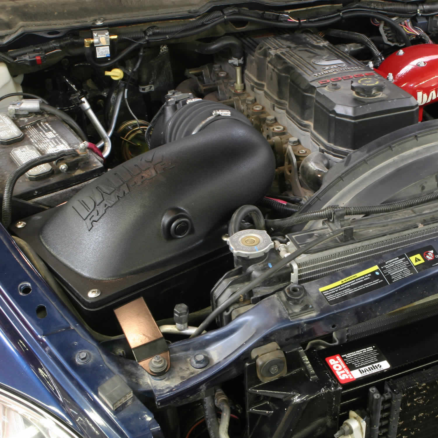 Installed photo of the Banks Ram-Air intake in a RAM 5.9L Cummins