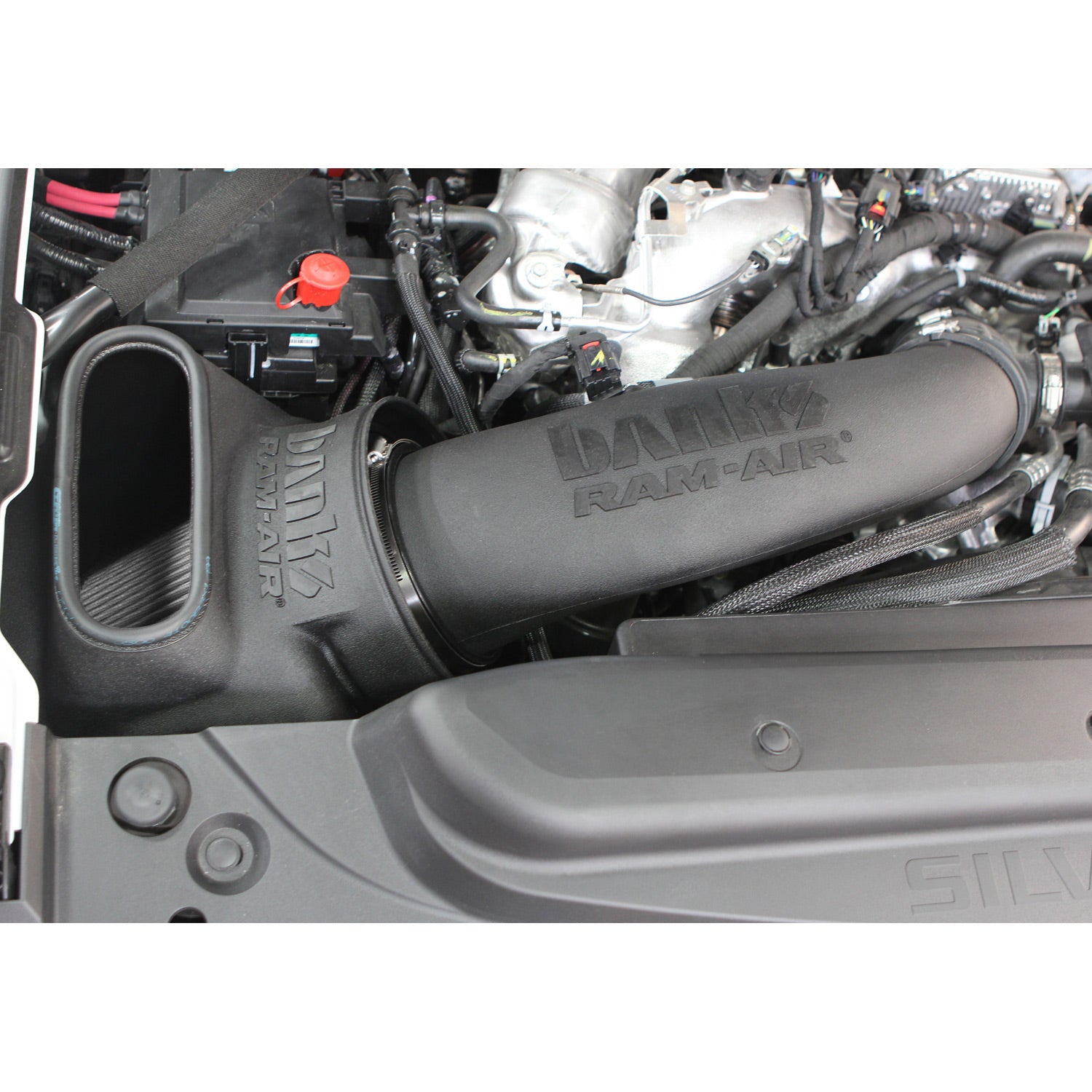 Installed photo of the Banks Power Ram-Air intake for 2017-2019 Chevy/GMC 2500/3500 6.6L Duramax L5P 42249-D