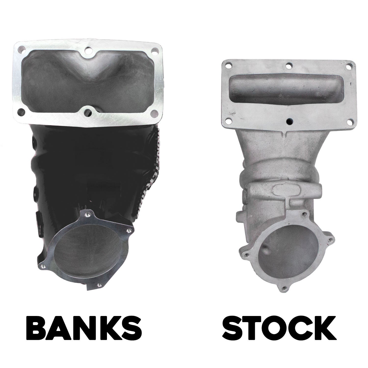 Banks vs stock RAM intake elbows showing the massive outlet size difference