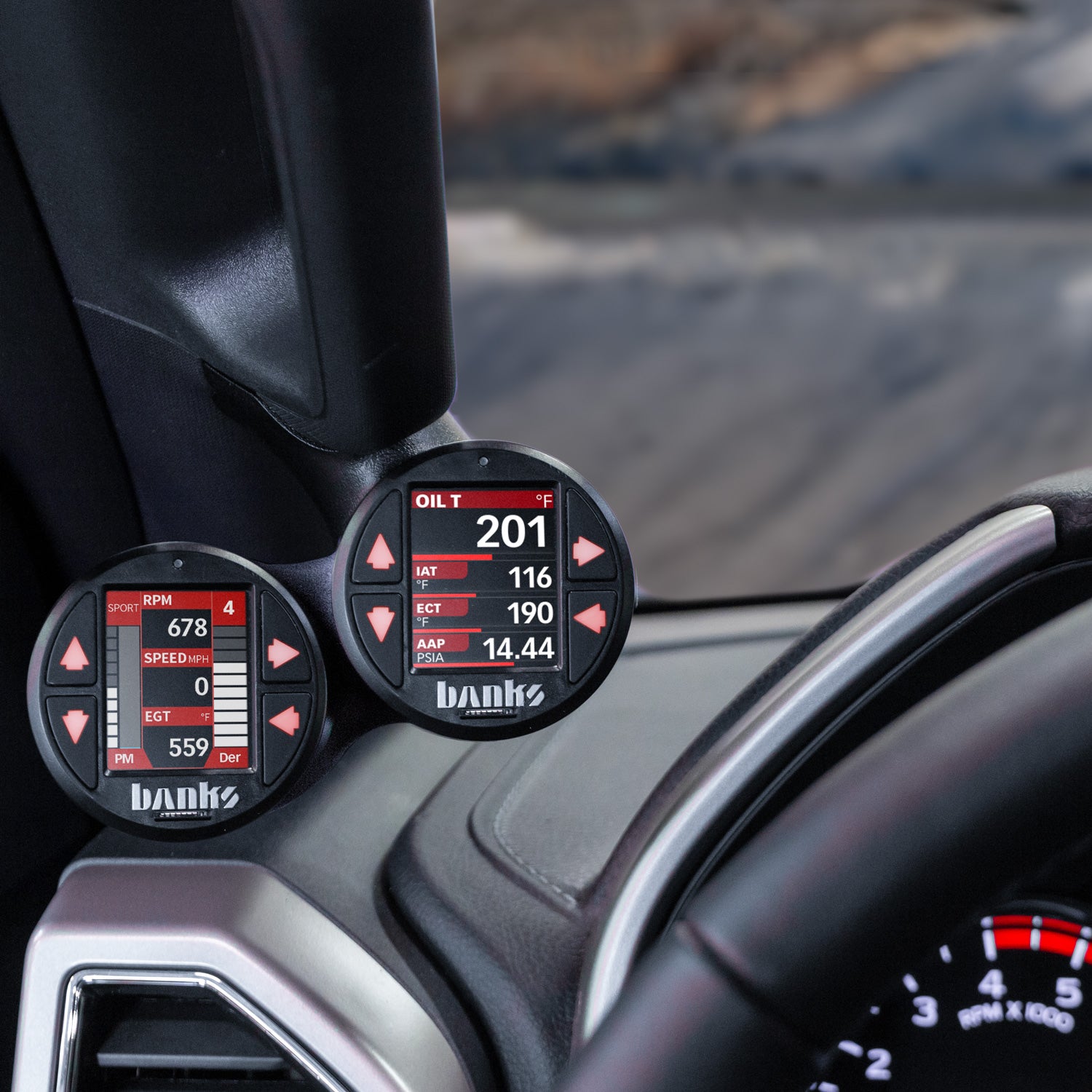 Two iDash gauges installed in Ford dual stealth pod