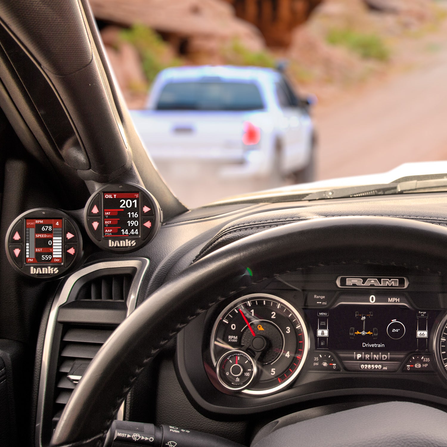 Two iDash DataMonsters installed in Ram Truck with Stealth Pod