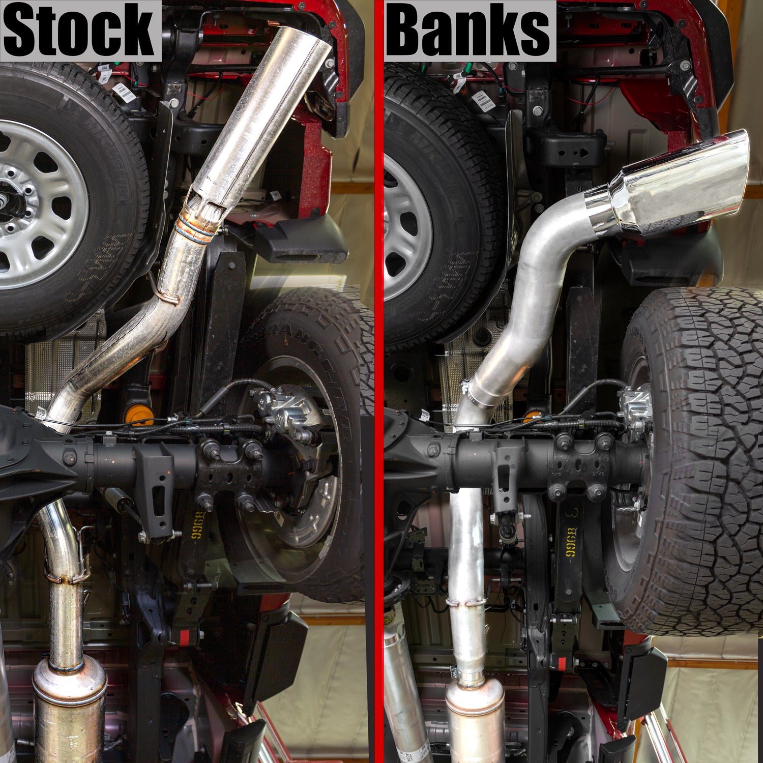 Underbody comparison between the factory L5P Exhaust and the Banks 5in Monster Exhaust