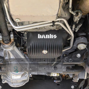 Rear quarter view of the Banks Cool Runner Oil Pan showing Banks Logo 35137