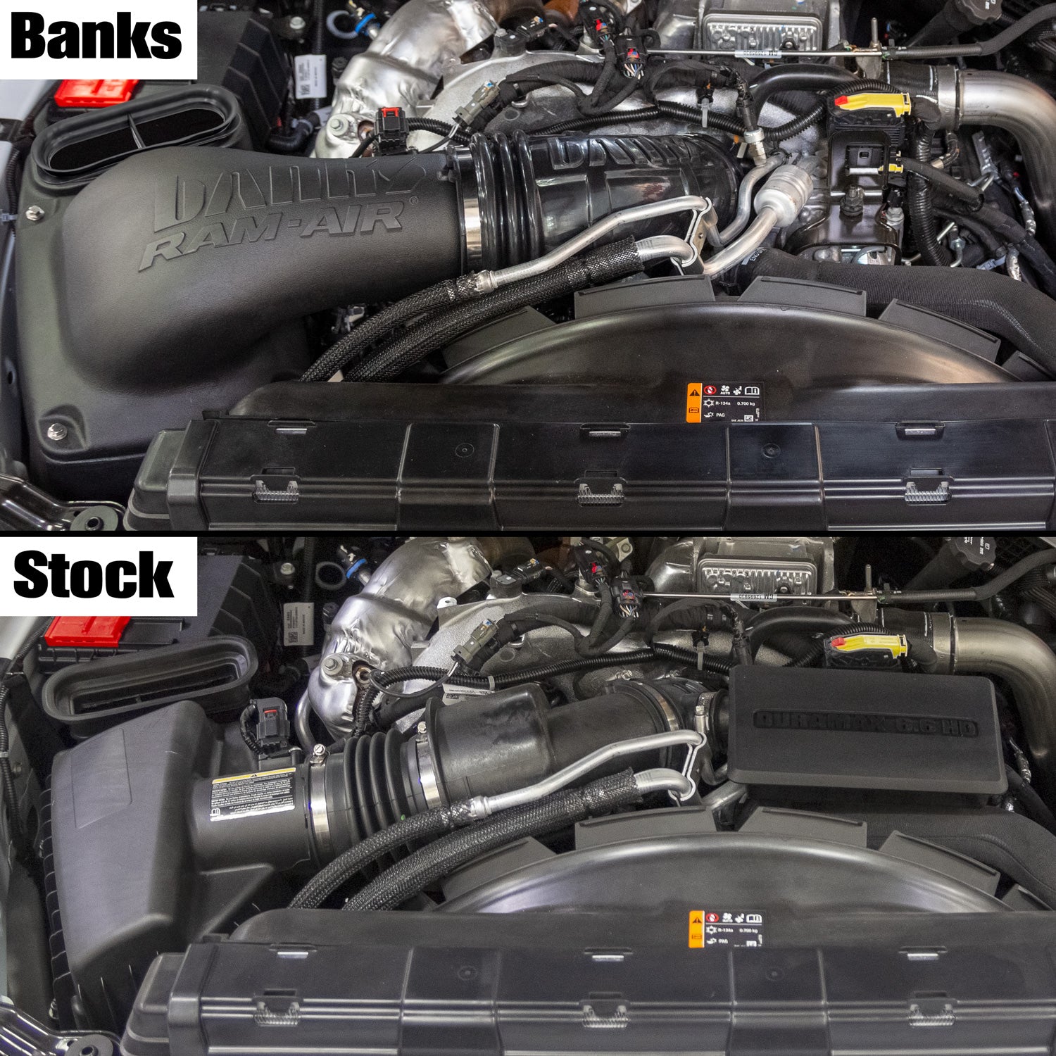 Before and After engine bay photo with Banks Ram-Air intake for 2020-2023 GM 2500/3500 Duramax L5P 42266
