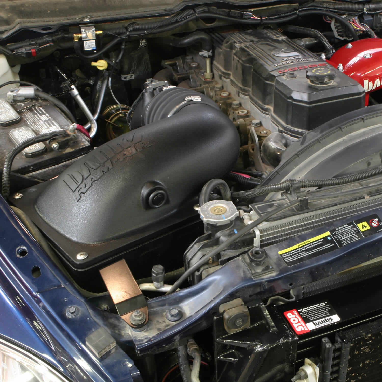 Installed photo of the Banks Ram-Air intake inside a RAM 5.9L Cummins