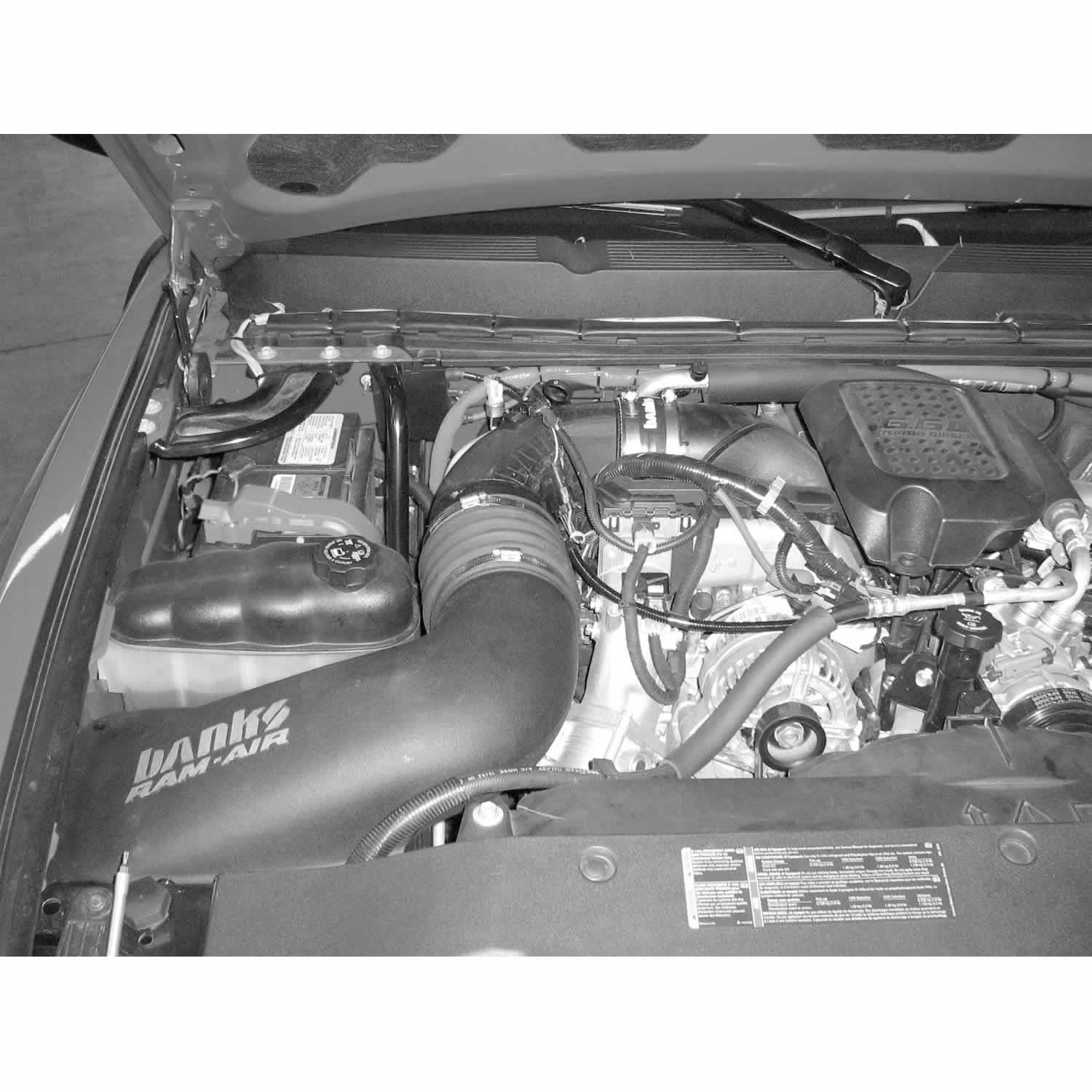 Installed photo of a Banks Ram-Air intake in a Duramax LMM engine bay
