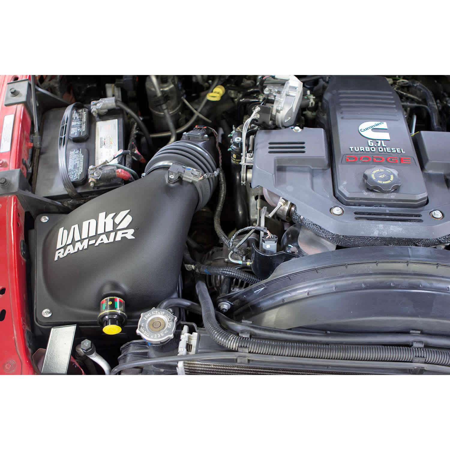 Installed photo of a Banks Ram-Air intake in a RAM 6.7L Cummins