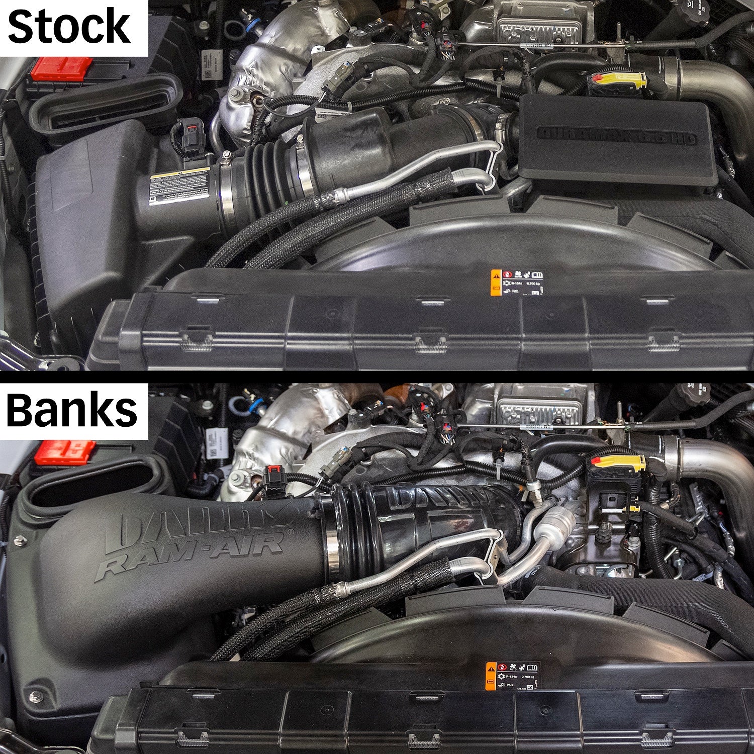 Before and After engine bay photo with Banks Ram-Air intake for 2020-2023 GM 2500/3500 Duramax L5P 42266