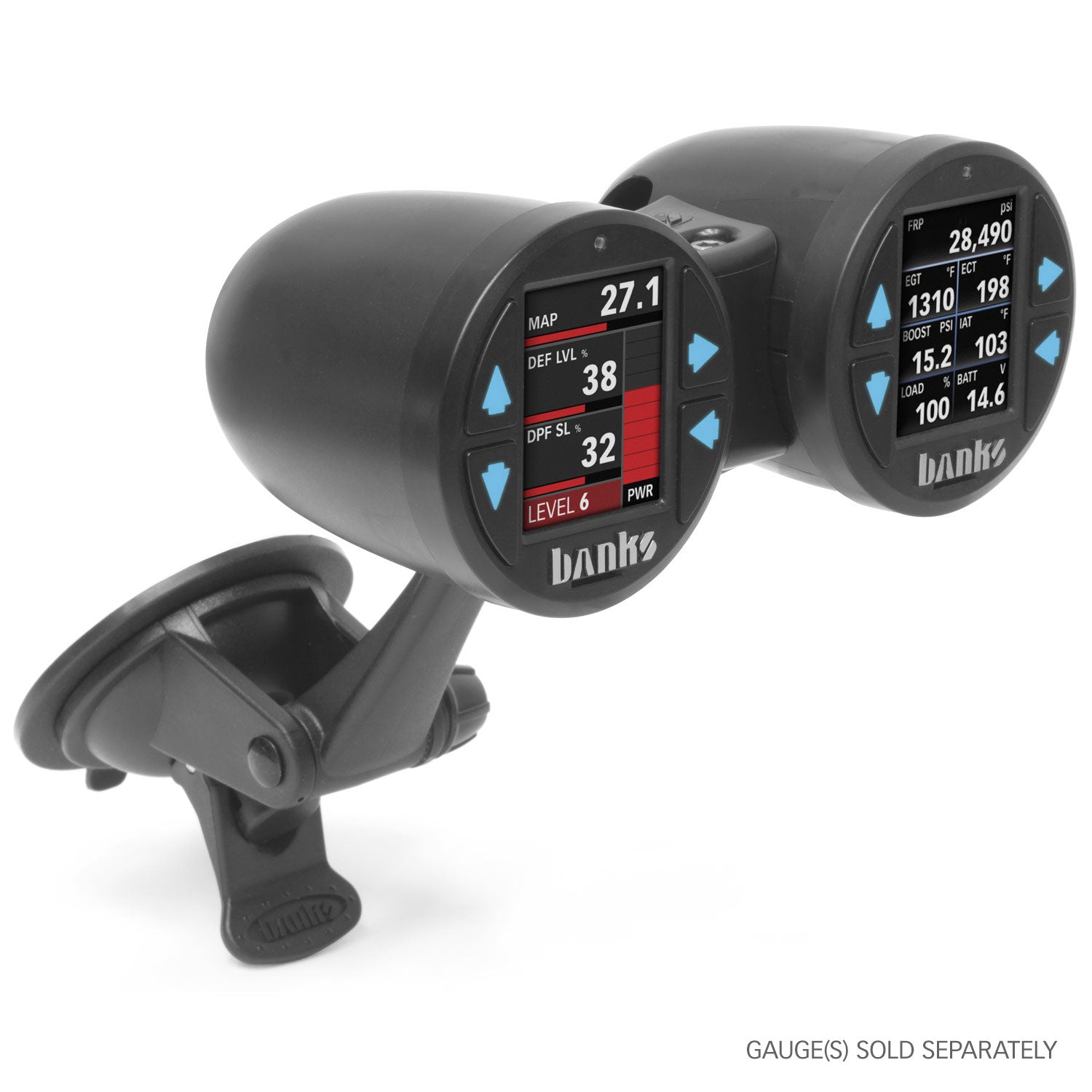 Alternate view of two iDash 1.8 gauges installed in the Banks dual gauge pod suction mount