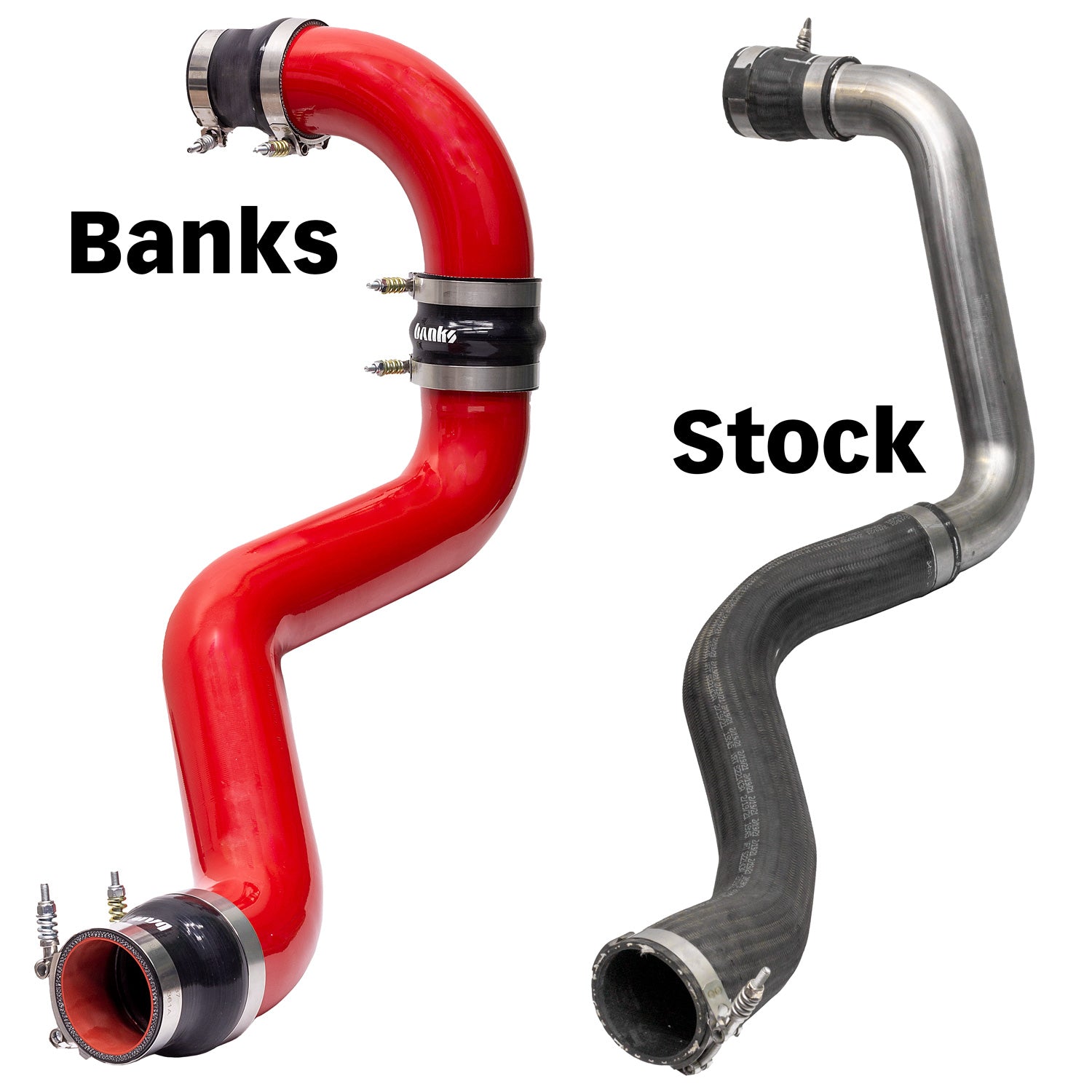 Comparison photo of the Banks vs Stock 2020+ L5P Hot-Side Boost-Tube